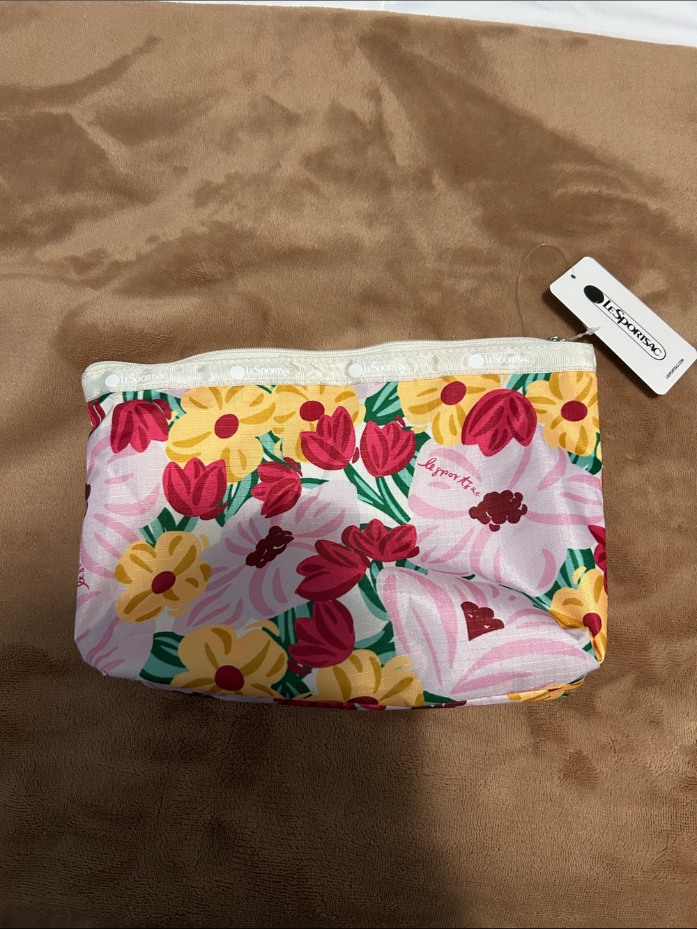 LeSportsac Pink Floral Zip Cosmetic Pouch with Yellow & Red Blooms